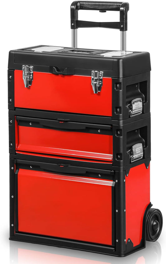 Auto Dynasty Stackable Tool Box 3-Tier Tool Separate Organizer Rolling Tool Chest with Wheels 3-in-1 Upright Trolley Tool Chest for Garage or Workshop, Red