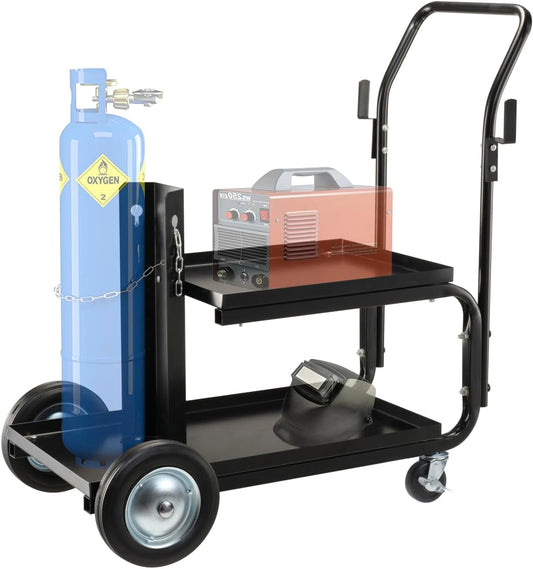 Welding Cart, MIG TIG ARC Welder Cart w/Upgraded Handle, Galvanized Casters,175lbs Capacity Portable Welding Tank cart, Plasma Cutting Machine, Larger Running Gear with Cylinder Rack
