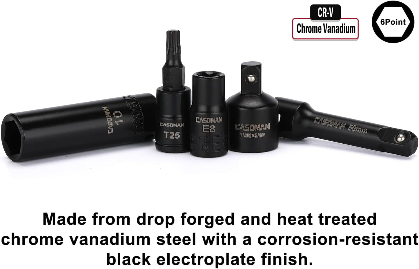 CASOMAN 1/4 Inch Drive Master Impact Socket Set with Adapters, U-Joint, Extensions & Torx Socket, 86-Piece, 6-Point, SAE/Metric, Standard/Deep, CR-V