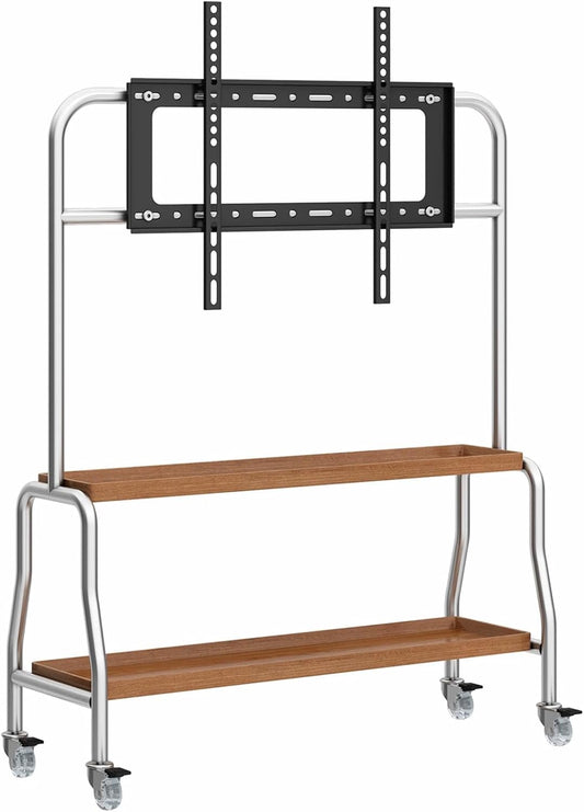 Adjustable Mobile TV Cart with Media Shelf, Rolling TV Stand Mount on Wheels, Universal Tall TV Floor Stand, Height Adjustable