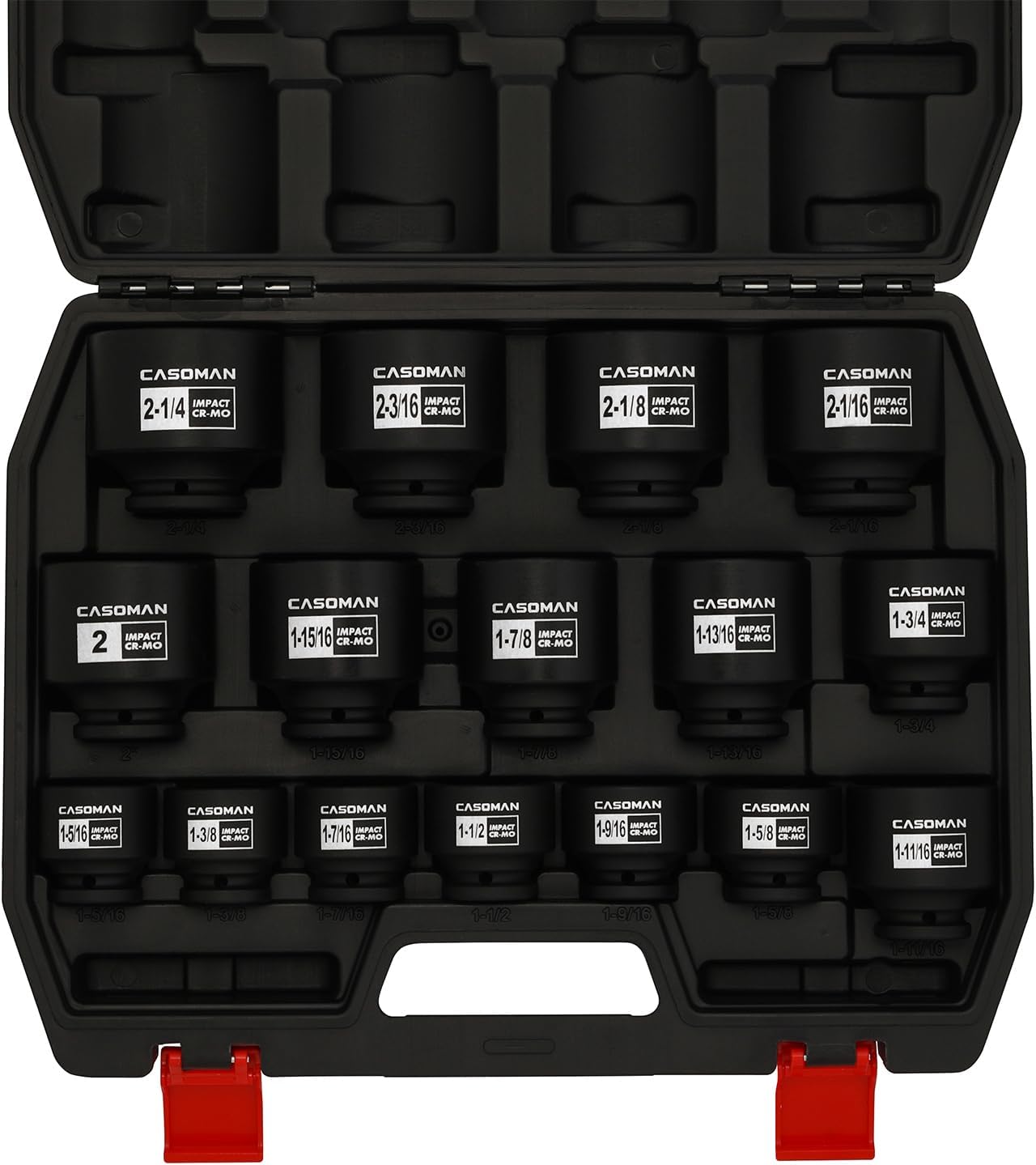 CASOMAN 16PCS 1/2" Drive Shallow Spindle Axle Nut Impact Socket Set, 6-Point, Large Socket Set, SAE(1-5/16" to 2-1/4"), CR-MO