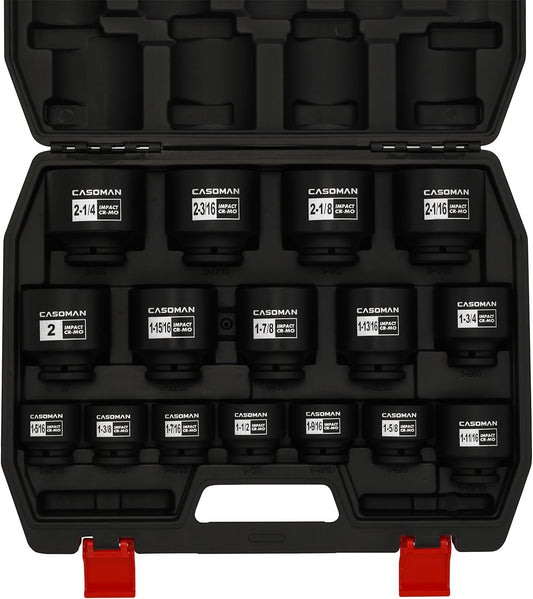 CASOMAN 16PCS 1/2" Drive Shallow Spindle Axle Nut Impact Socket Set, 6-Point, Large Socket Set, SAE(1-5/16" to 2-1/4"), CR-MO