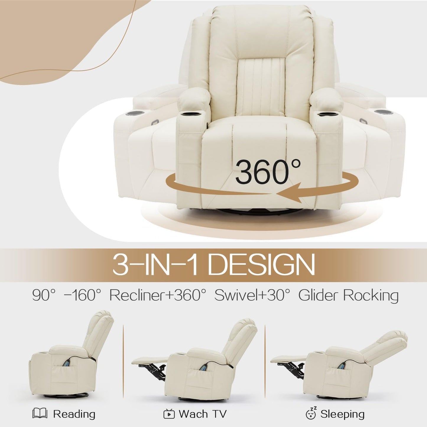 YODOLLA Massage Manual Recliner Chair with Heat, Leather Rocking Swivel Chair Lazy Boy Recliner Chair w/ 2 Side Pockages, 2 Cup Holders for Living Room, RV, Cream White