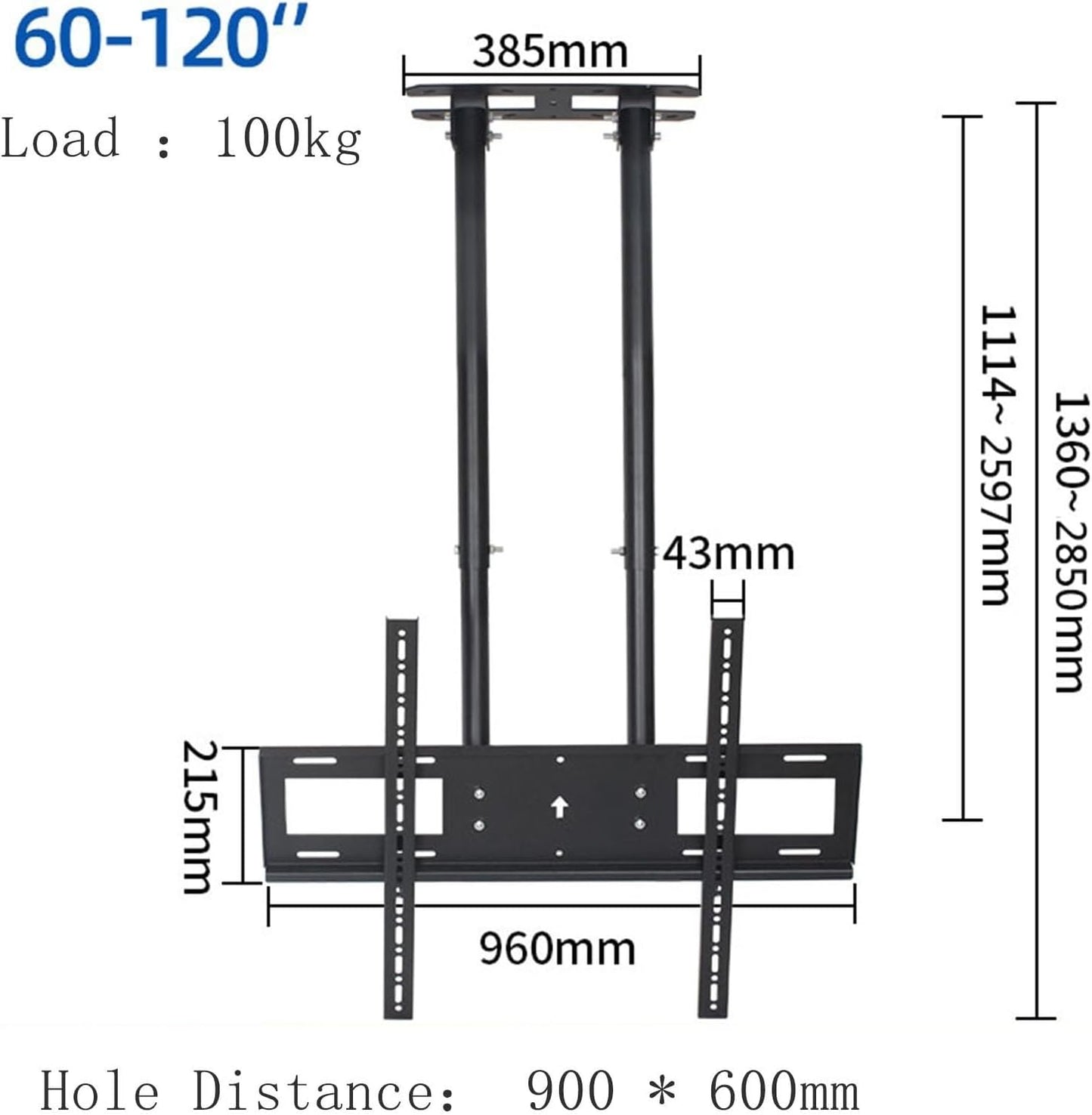 Ceiling TV Mount Stand - Ceiling TV Lift - Adjustable Height Double Pole Single Sn TV Mount,Tilt Ceiling TV Mount Bracket,Fits 60-100 Inch Low Profile TVs,One Color,1,1.6m