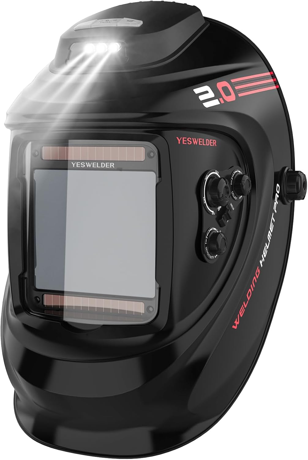 YESWELDER Auto Darkening Welding Helmet with Rechargeable Fan and Light, 3.93"X3.66"Large View 1/1/1/1 True Color 4 Arc Sensor Solar Powered Welding Hood, 3/5-9/9-13 Wide Shade Weld Mask LYG-30800H-W
