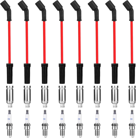 8 Pcs Spark Plug Wires Set & 41-110 Iridium Spark Plugs Compatible with 2000-2013 Chevy Silverado Tahoe Suburban GMC Sierra Yukon Cadillac Escalade 4.8 5.3 6.0 6.2 L, Replace for 41-162 9748HH 9748UU