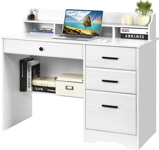 White Desk with 4 Drawers, Computer Desk with Drawers and Hutch&Shelf, Wood Writing Home Office Workstation, Student Desks for Bedrooms