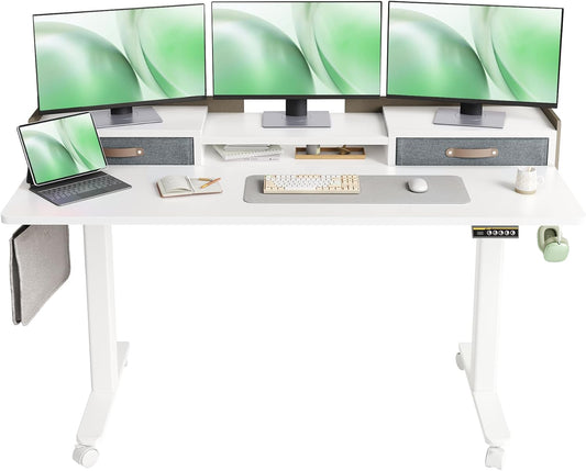 Claiks Standing Desk with Drawers, Adjustable Stand Up Electric Standing Desk Adjustable Height with Storage Shelf and Splice Board, 59 Inch, White