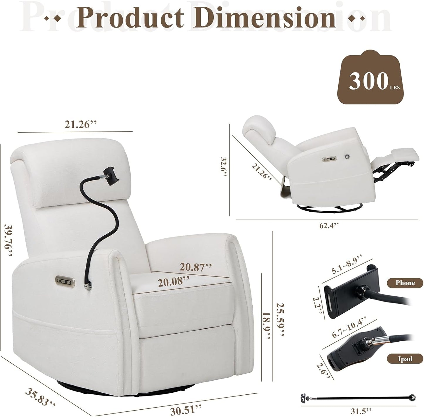 COLAMY Power Recliner Chairs Swivel Glider Rocker for Nursery, Upholstered Fabric Living Room Rocking Reclining Single Sofa Chair with 2 Device Holders, White, Set of 2