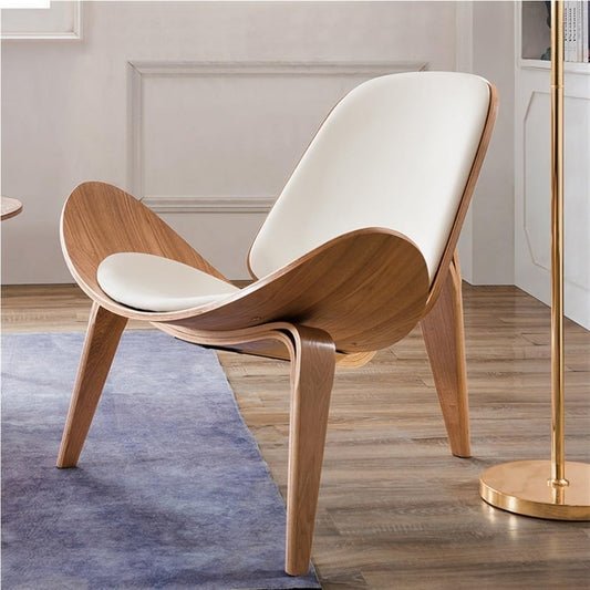 Arm Chair, Comfy Shell Chair, Wood Lounge Chair, Side Chair with PU Leather Mat and Back, Corner Chair for Living Room, Bedroom, Office(White)