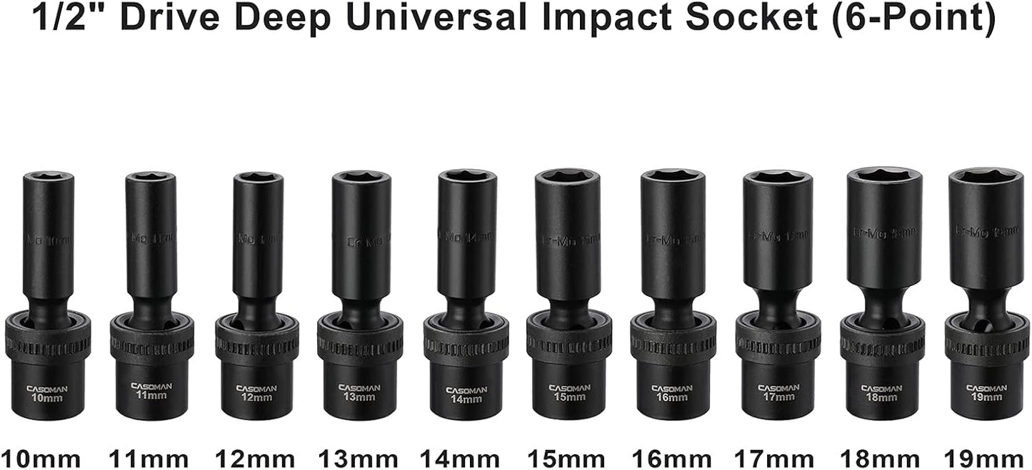 CASOMAN 10 PCS 1/2" Drive Deep Universal Impact Socket Set, Metric,10-19mm