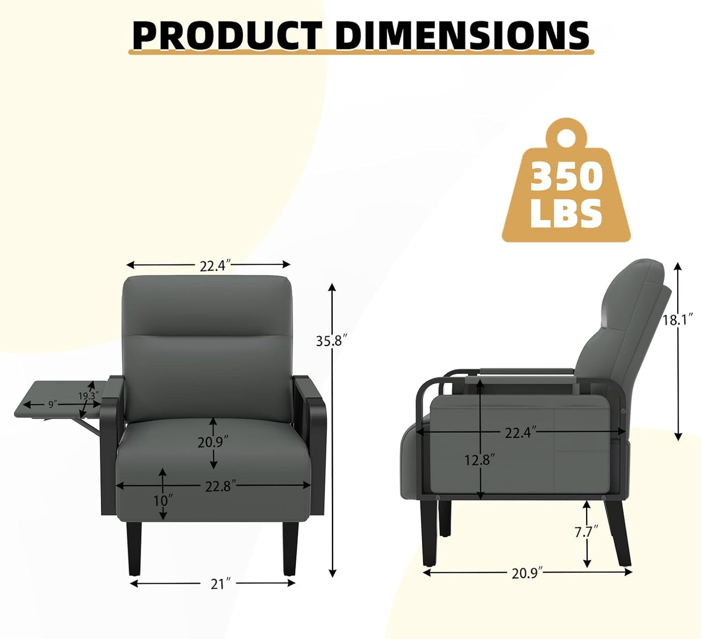 Upholstered Accent Chairs Set of 2, Faux Leather Armchair with Tray Table, Comfy Reading Chair for Living Room, Bedroom, Guest Room, Gray