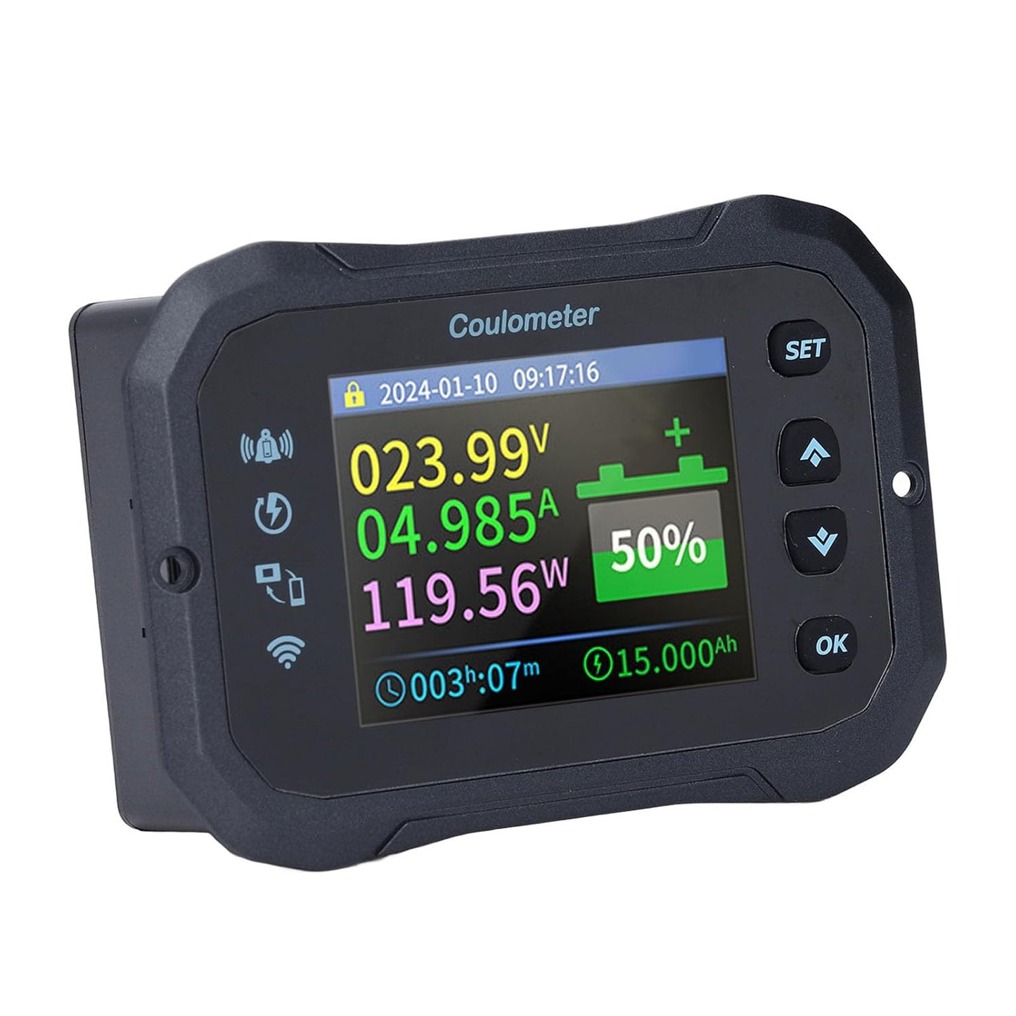 WiFi Battery Capacity Monitor, 10-100V 0-50A 2.4 inch HD Color LCD Screen, WiFi, Bluetooth, APP Remote Monitoring RV Battery Monitor with Shunt,Black