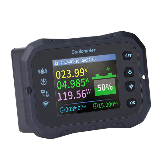 WiFi Battery Capacity Monitor, 10-100V 0-50A 2.4 inch HD Color LCD Screen, WiFi, Bluetooth, APP Remote Monitoring RV Battery Monitor with Shunt,Black