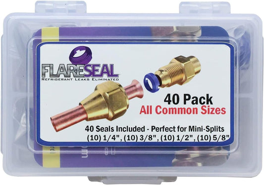 40 Pack Starter Leak Free SAE Flare Fitting Refrigerant Leaks Eliminated - Refrigeration, HVAC, Ductless, Schrader Valve or Mini Split (1/4", 3/8", 1/2", 5/8", 40 Pack Starter Kit
