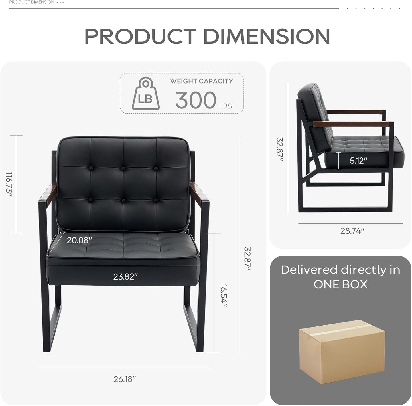 COLAMY Black Accent Chair Set of 2, Accent Arm Chair for Living Room, Comfy Leather Armchair with Metal Legs for Bedroom Reception Waiting Room