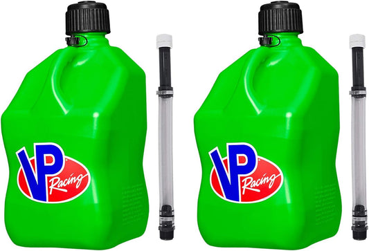 VP Racing 3562-CA, 5.5 Gallon Square Motorsport Jug Green w/ 14" Standard Hose (2 Pack) Close-Trimmed Cap and Neck for Tight Seal