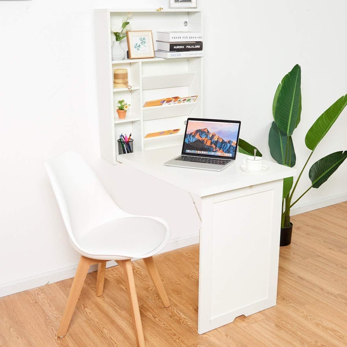 ARLIME Wall Mounted Table, Classified Storage Desk, Foldable Multiple-purpose Table, Work Station with Storage Shelves, Floating Convertible Cabinet, for Apartment, Home Office Desks (White)