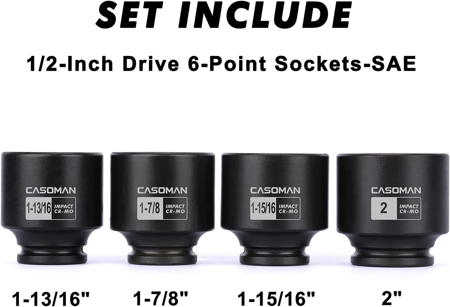 CASOMAN 8PCS 1/2"Dr. Deep Impact Socket Set-SAE, 1-9/16" to 2", 6-Point, Spindle Axle Nut Impact Socket Set, CR-MO, Impact Grade