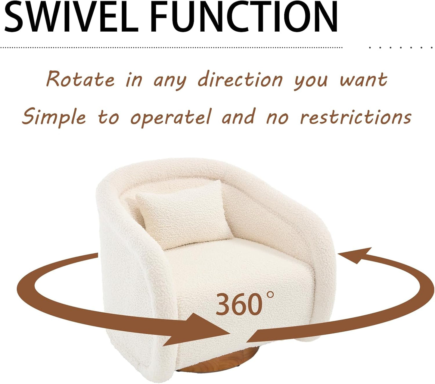 360 Degree Swivel Barrel Chair, Comfy Upholstered Accent Chair Modern Teddy Fabric Swivel Chair Pumpkin-Shaped Arm Chair for Living Room Bedroom Apartment Office （White）