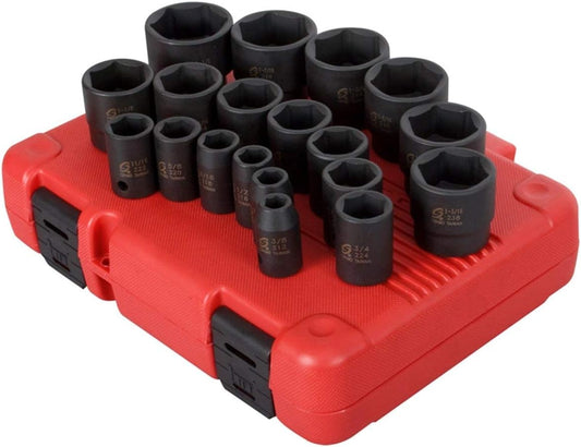 SUNEX TOOLS 2640, 1/2 Inch Drive Impact Socket Set, 19-Piece, SAE, 3/8 Inch – 1-1/2 Inch, Cr-Mo Alloy Steel, Radius Corner Design, Dual Size Markings, Heavy Duty Storage Case, Meets ANSI Standards