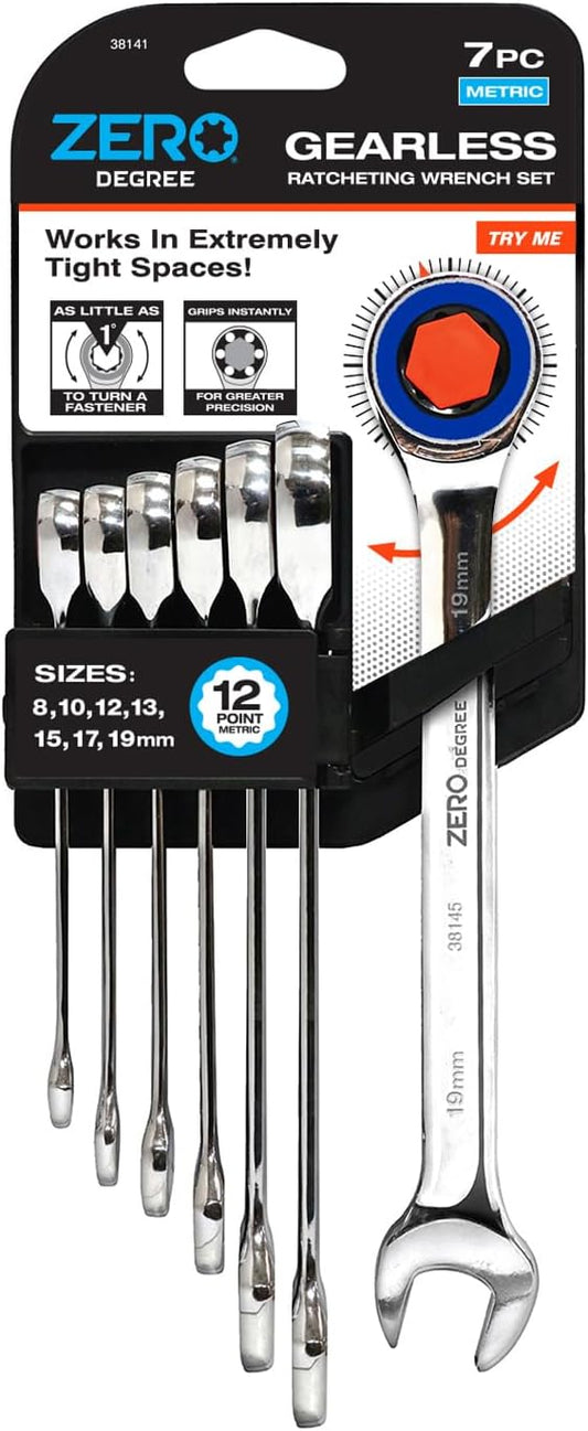 Zero Degree 38141 Ultra-Precise 7-Piece Gearless Ratchet Wrench Set – Nickel Plated High-Carbon Steel with ASME Certified Torque – Durable & Rust-Resistant – Perfect for Tight Spaces, Metric