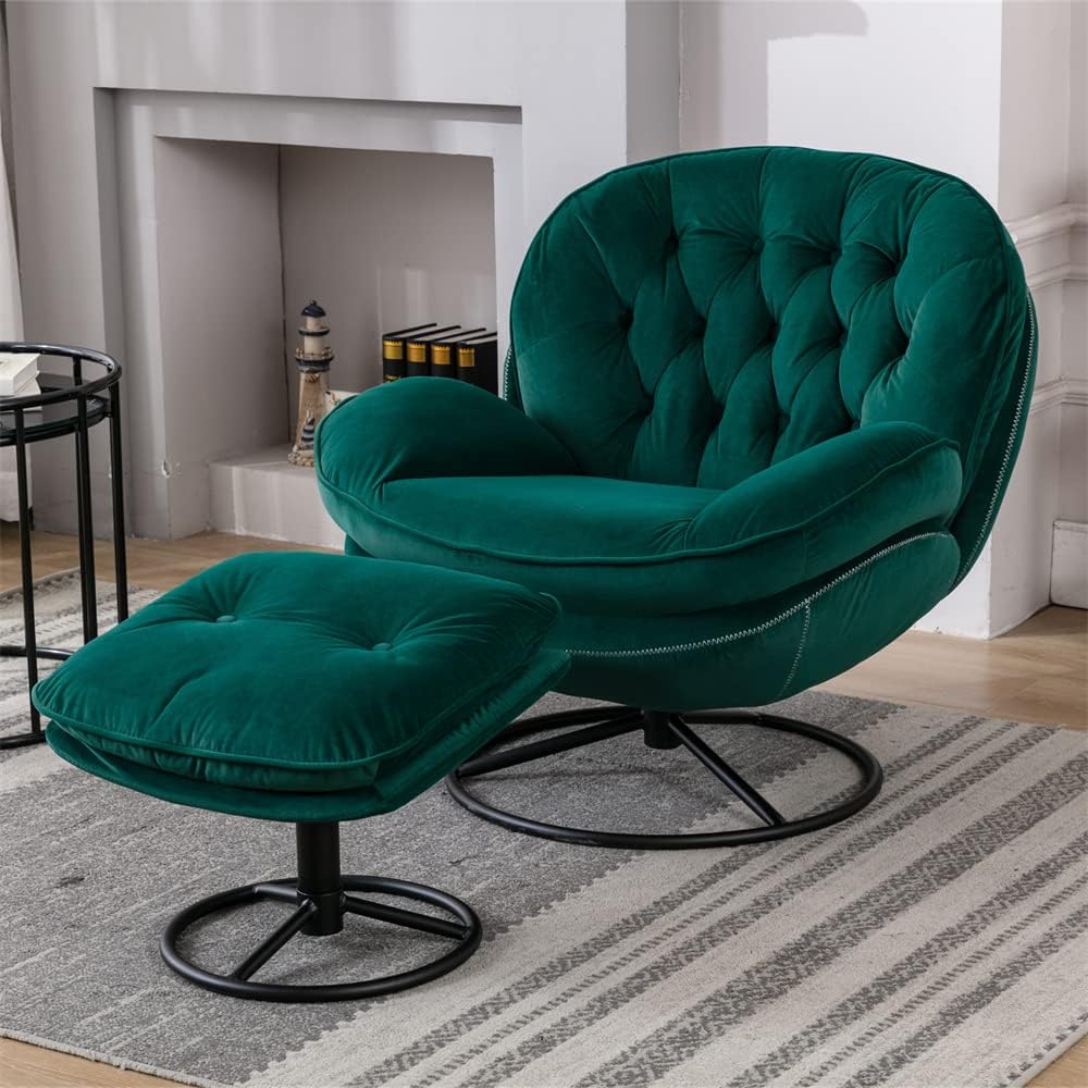 Velvet 360 Degree Swiveling Accent Chair with Ottoman Set, Modern Lounge Sofa Chair with Metal Base Frame & Footrest, Comfy Single Leisure TV Chair Reading Chair for Living Room and Office, Yellow