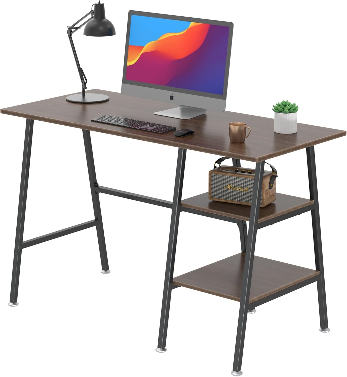 VECELO 43 Inch Computer Desk Writing Study Work Office Table Modern Desk with Shelves Wooden Desk for Home Bedroom,Brown Desk