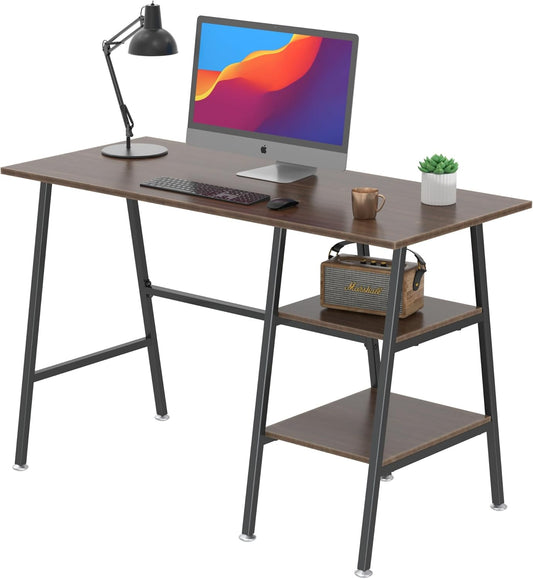 VECELO 43 Inch Computer Desk Writing Study Work Office Table Modern Desk with Shelves Wooden Desk for Home Bedroom,Brown Desk