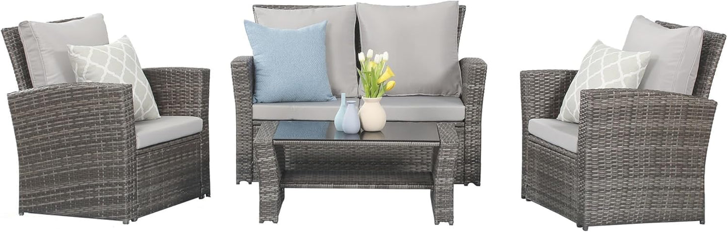 Wisteria Lane 4 Piece Patio Furniture Set, Wicker Outdoor Patio Conversation Furniture Set, All Weather Outdoor Patio Sofa with Cushion and Glass Table, Brown