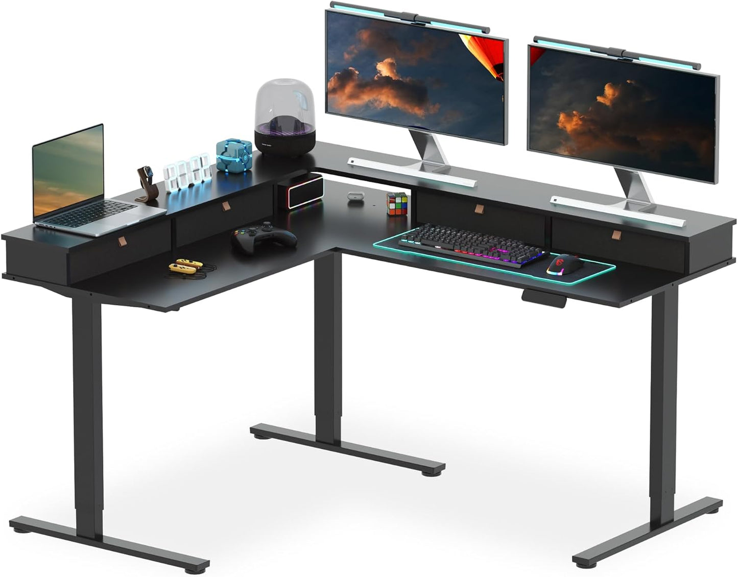SANODESK 71" L Shaped Standing Desk with 4 Drawers, Height Adjustable Stand up Desk, Corner Gaming Desk with Monitor Stand, White Frame/White Top