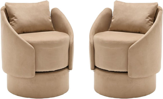 Set of 2 Swivel Accent Chair, 360 Degree Round Barrel Armchair, Upholstered Side Chair with Pillow, Small Barrel Chair Living Room Bedroom Waitingroom, Brown