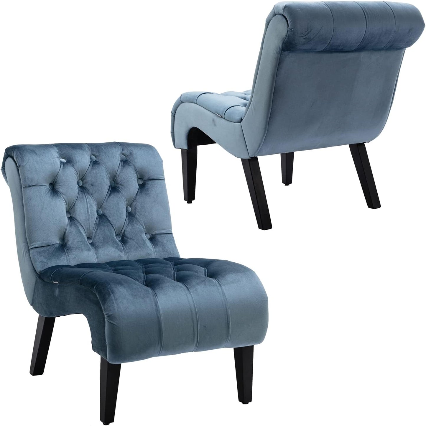 Comfy Velvet Accent Chair Set of 2, Upholstered Armless Side Chair for Living Room, Modern Small Lounger with Tufted Back and Rolled Edge Design, Comfy Chaise Lounge with Rubber Wood Legs, Beige