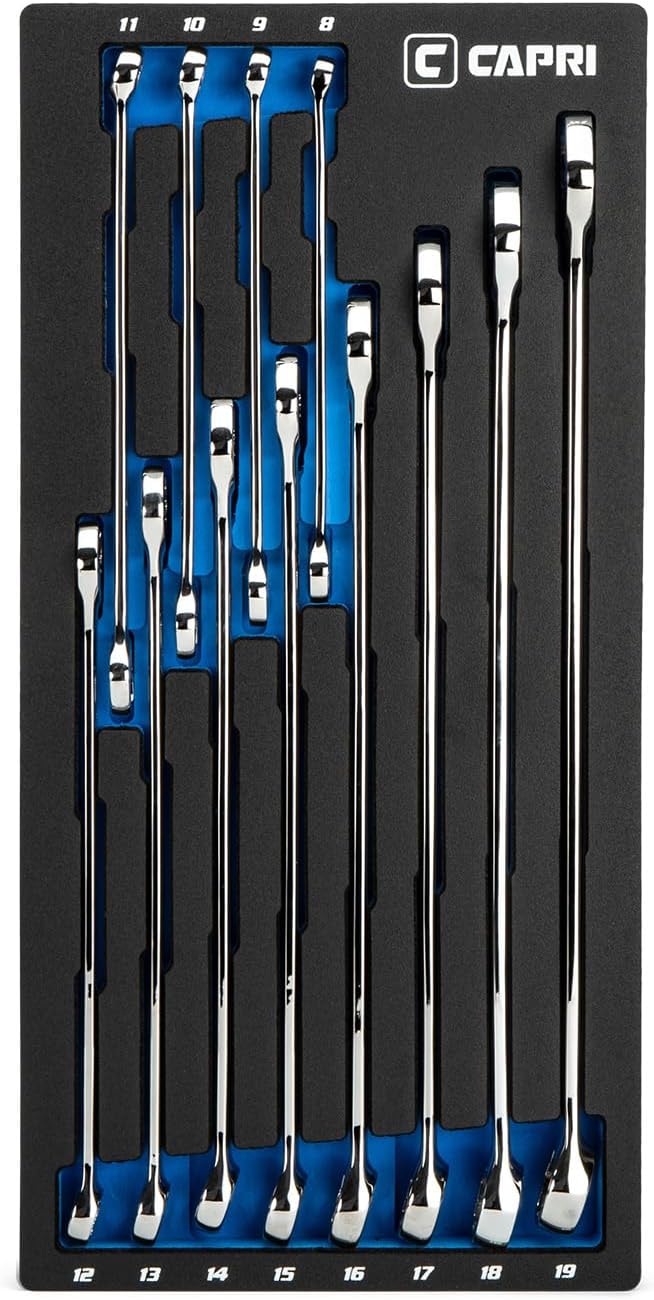 Capri Tools XT90 WaveDrive Pro Combination Wrench Set for Regular and Rounded Bolts (20-Piece Metric & SAE (Stubby) / Mechanic's Tray)