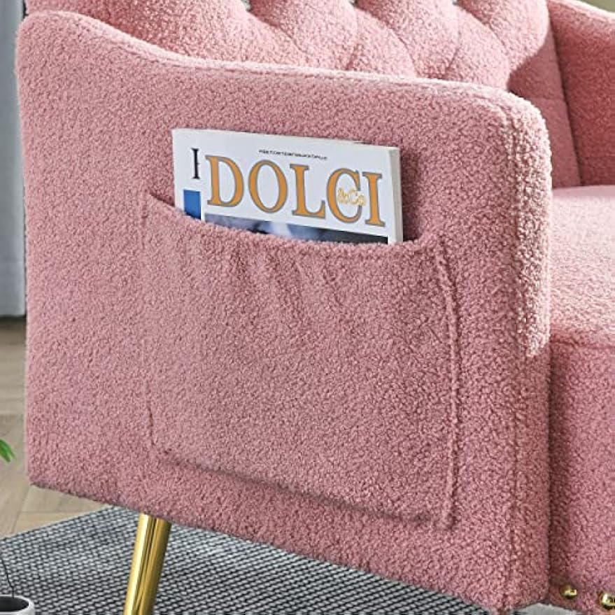 30 "W Modern Chesterfield Tufted Upholstered Chair with Deep Buttons, Living Room Chair, Comfortable Armchair, Gold Hardware Legs, Tufted Chair for Reading or Relaxing, Pink Teddy