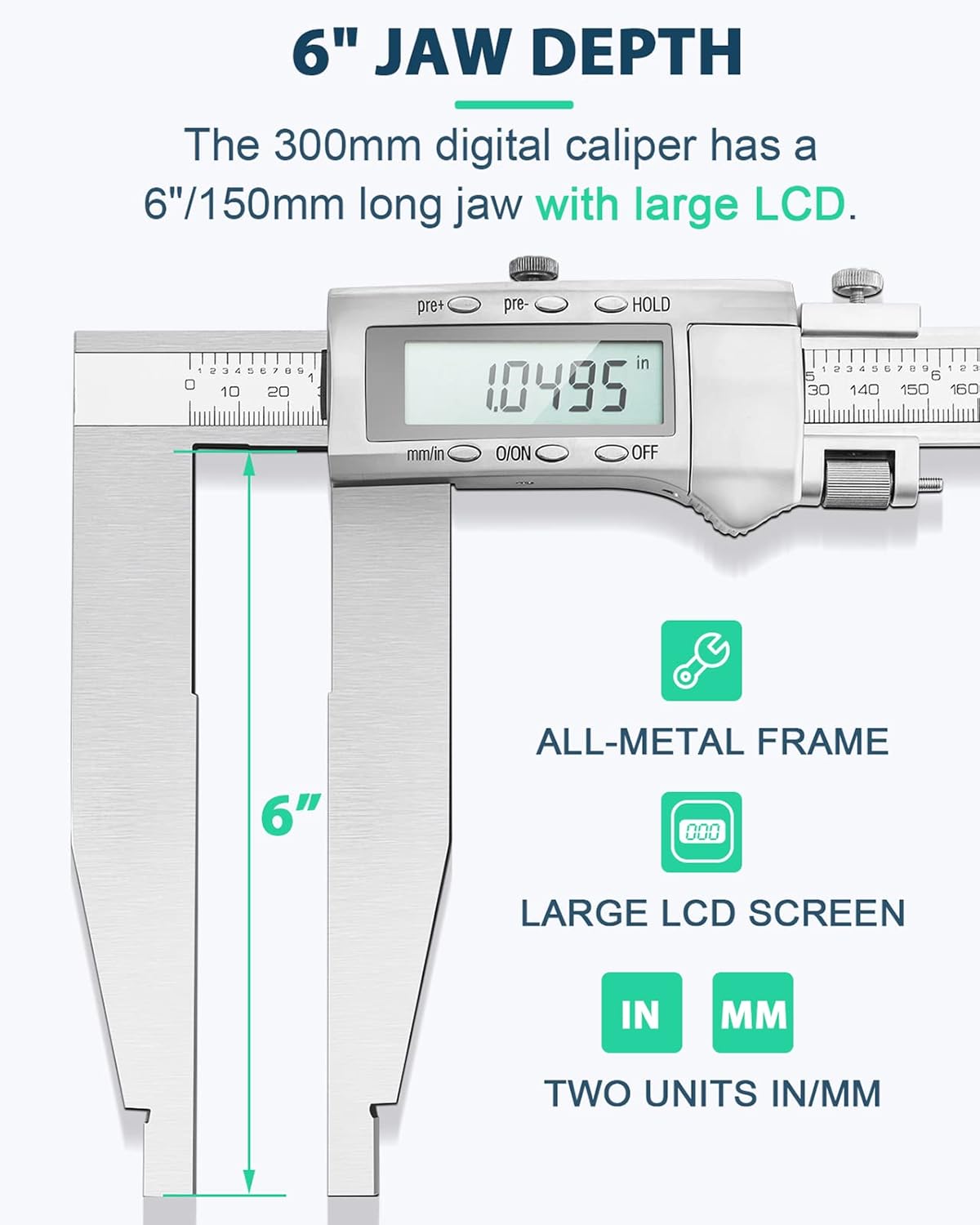 12 Inch Digital Caliper Long Jaw Caliper with 6" Jaw Depth Calipers Measuring Tool All-Metal Frame Large LCD Screen 0.0005"/ 0.01mm Resolution (12"/ 300mm)