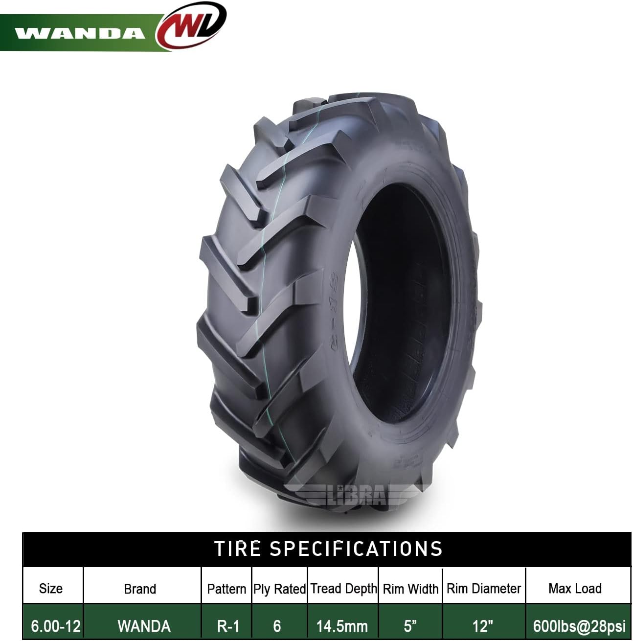 WANDA 6.00-12 Agricultural Farm Tractor Tire R-1 Pattern 6 Ply-Set 2-16014