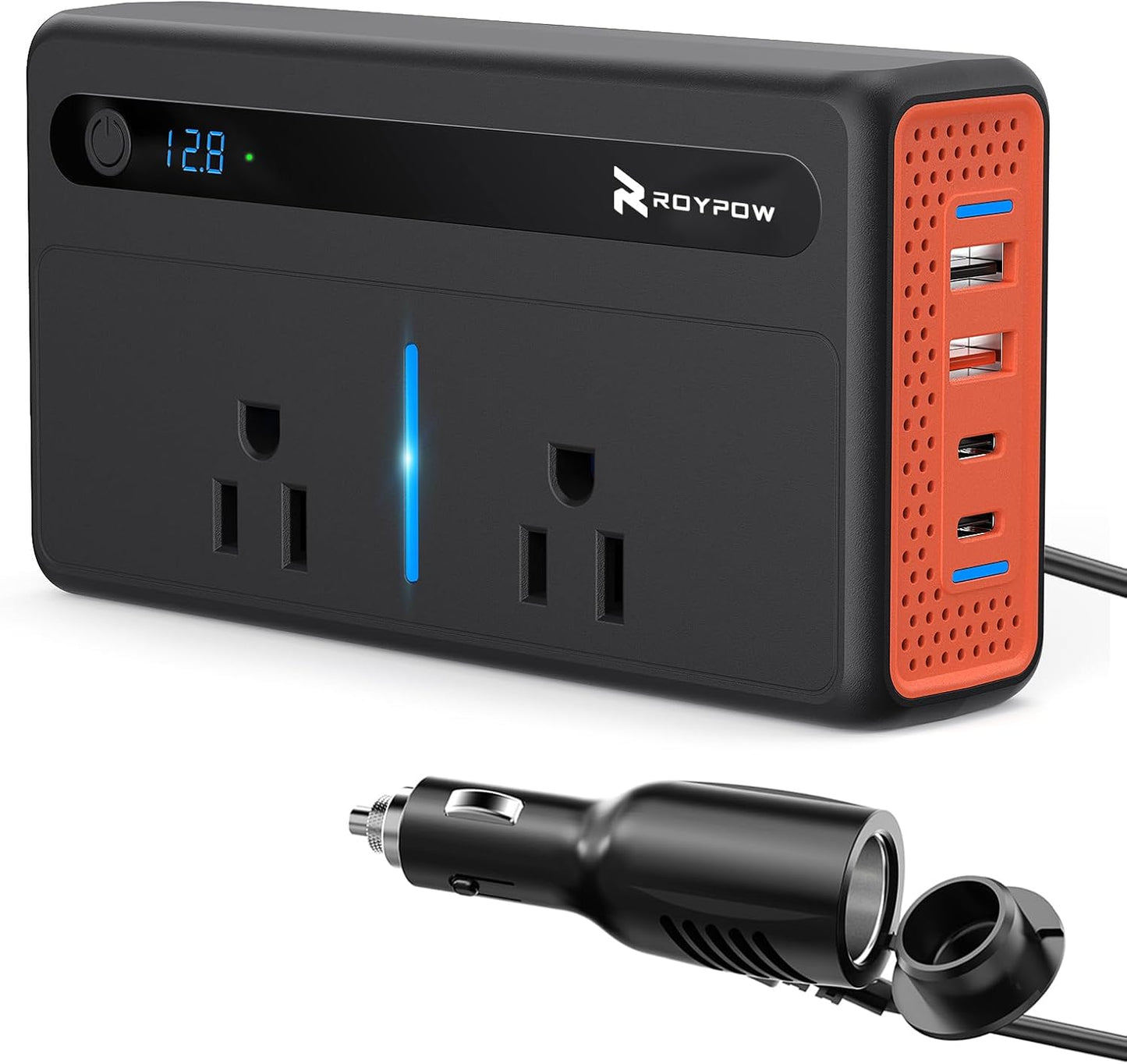 RoyPow 300W Car Power Inverter, DC 12V to 110V AC Power Inverter with Cigarette Lighter Port, Car Plug Adapter Outlet with 3.4A USB-A, QC3.0 24W, PD 30W, PD 36W, Dual AC Outlets, Car Charger Adapter