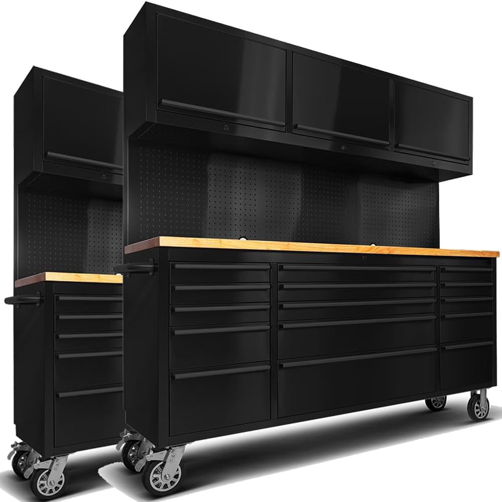 2 Pack - 72" Stainless Steel Rolling Tool Chest with 15 Drawers, Mobile Workbench, Assembled Large Tool Box Lockable Storage Cabinet with Wheels for Garage Workshop (2 × HTC7215W1)