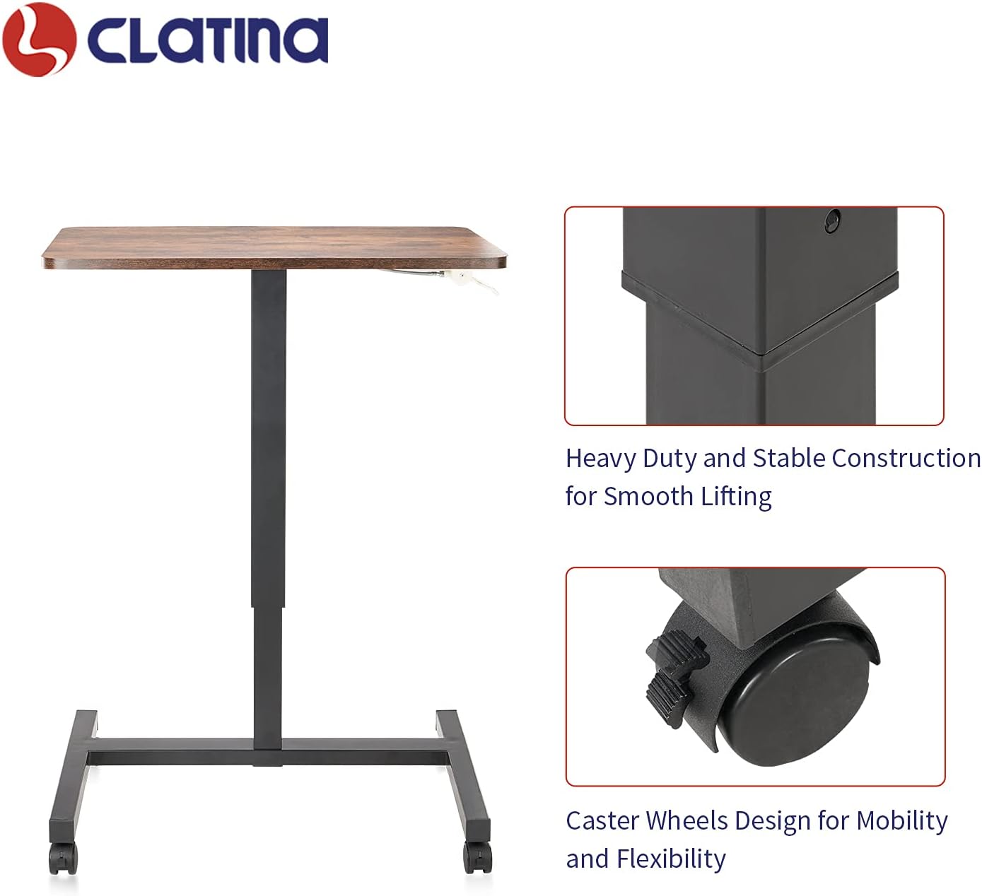 CLATINA Round Edge Design Elegant Mobile Laptop Desk Pneumatic Sit to Stand Table, Height Adjustable Rolling Cart with Lockable Wheels for Home Office Computer Workstation, 28" x 19" Brown