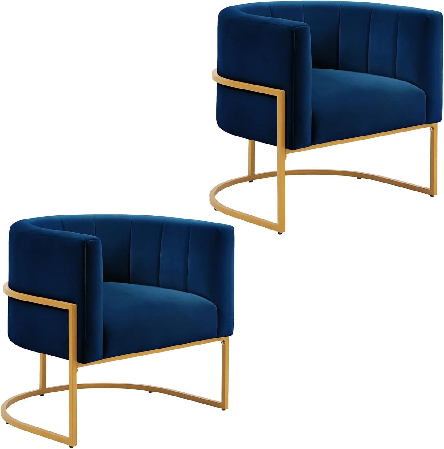 Setawix Velvet Accent Barrel Chairs Set of 2,Upholstered Arm Chairs for Living Room Bedroom,Channel Tufted Club Chair,Mid Century Modern Round Single Sofa Chair with Golden Metal Leg (Black 1 Pair)