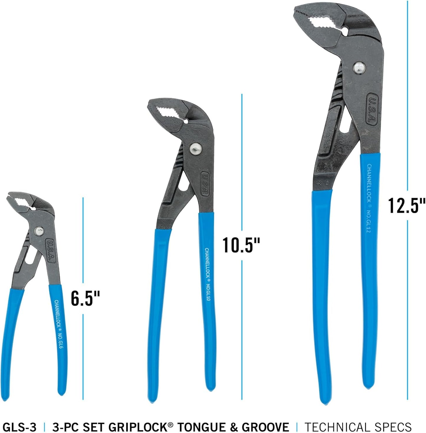 CHANNELLOCK GLS-3 3-Piece GRIPLOCK Tongue & Groove Pliers Set, 6.5", 9.5", 12.5" Water Pump Pliers, Patented PERMALOCK Fastener, Forged High Carbon Steel, Made In the USA