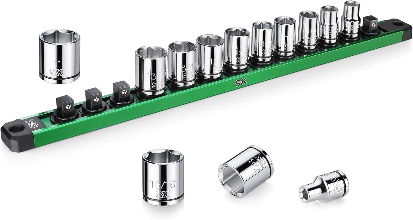 SK 3/8" Drive Socket Set, Deep SAE Sockets, 13-Piece 1/4" to 1", SuperKrome Finish, Premium CR-V Construction, with Aluminum Socket Organizer