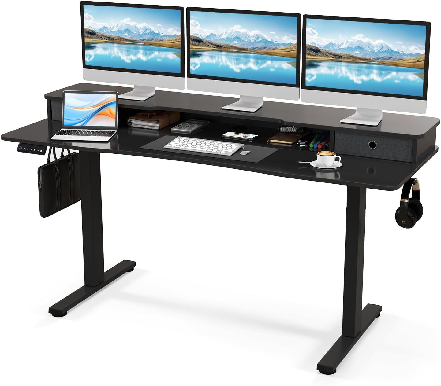 Tangkula 63" x 24" Standing Desk with Drawers, Electric Stand-up Desk with Monitor Stand, Side Hooks, 3 Memory Heights, Anti-Collision Design, Height Adjustable Sit Stand Desk for Home Office