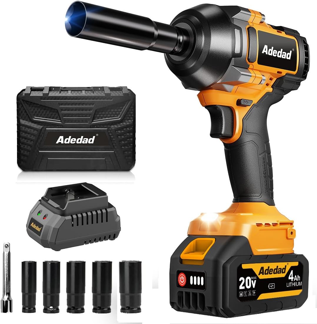 1000N.m Cordless Impact Wrench 1/2 inch,20V 740ft-lbs High Torque Impact Gun with 2 x 4.0 AH Batteries,Sockets and Case,Brushless Power Impact Driver for Automotive and Heavy Duty Use