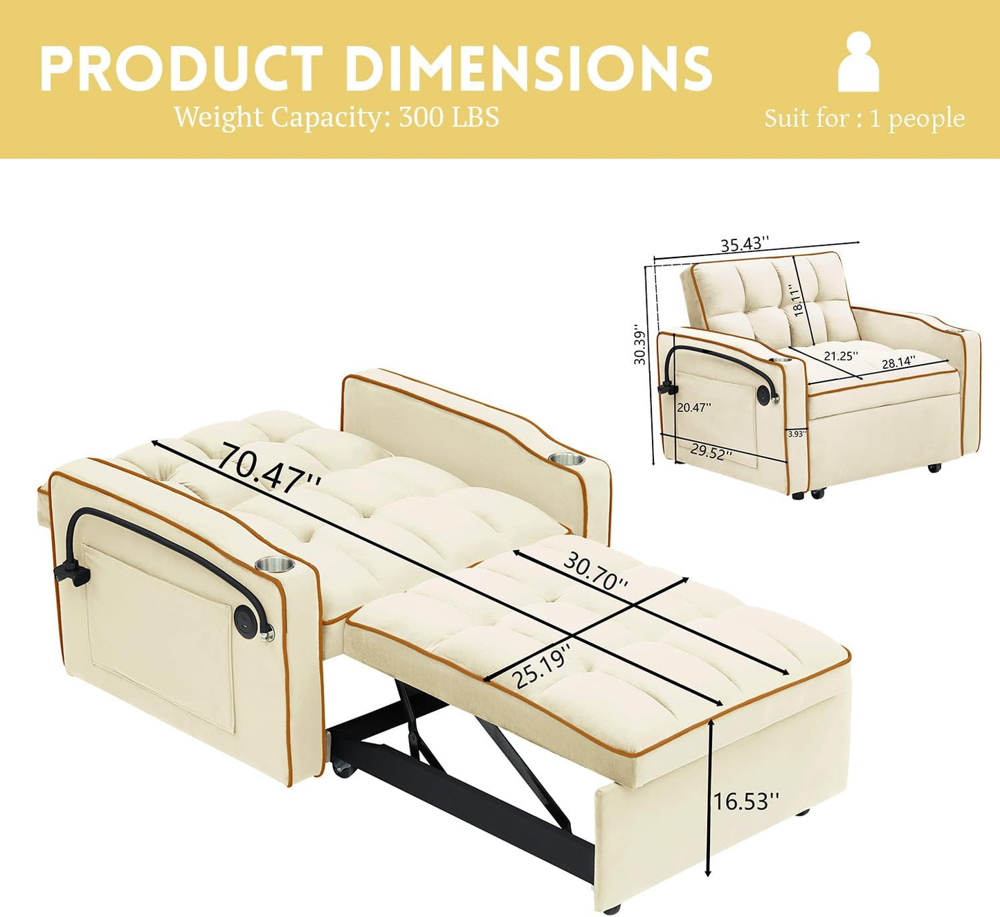 3 in 1 Sleeper Sofa Chair Bed,Velvet Convertible Sleeper Chair,Pull Out Bed Chair with USB Port & Ashtray and Swivel Phone Stand & Storage Pockets,Modern Chair for Living Room