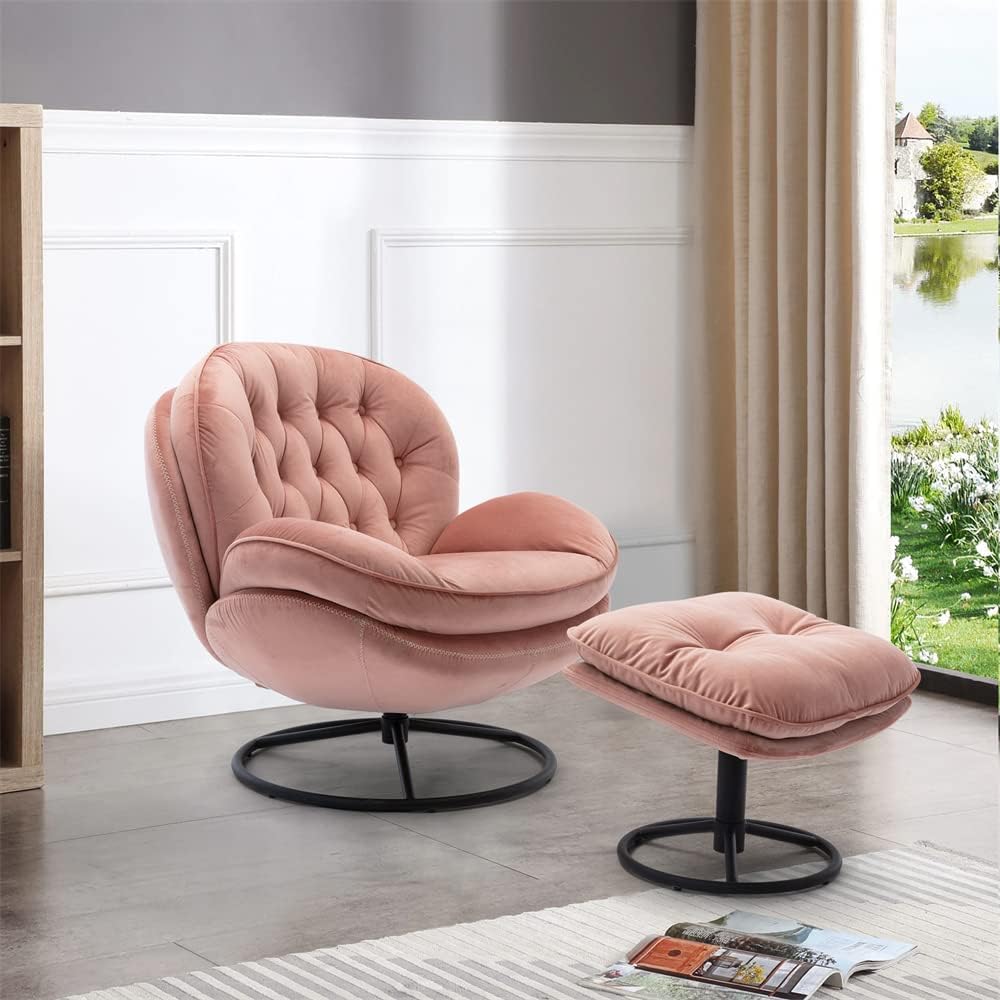 Velvet 360 Degree Swiveling Accent Chair with Ottoman Set, Modern Lounge Sofa Chair with Metal Base Frame & Footrest, Comfy Single Leisure TV Chair Reading Chair for Living Room and Office, Yellow
