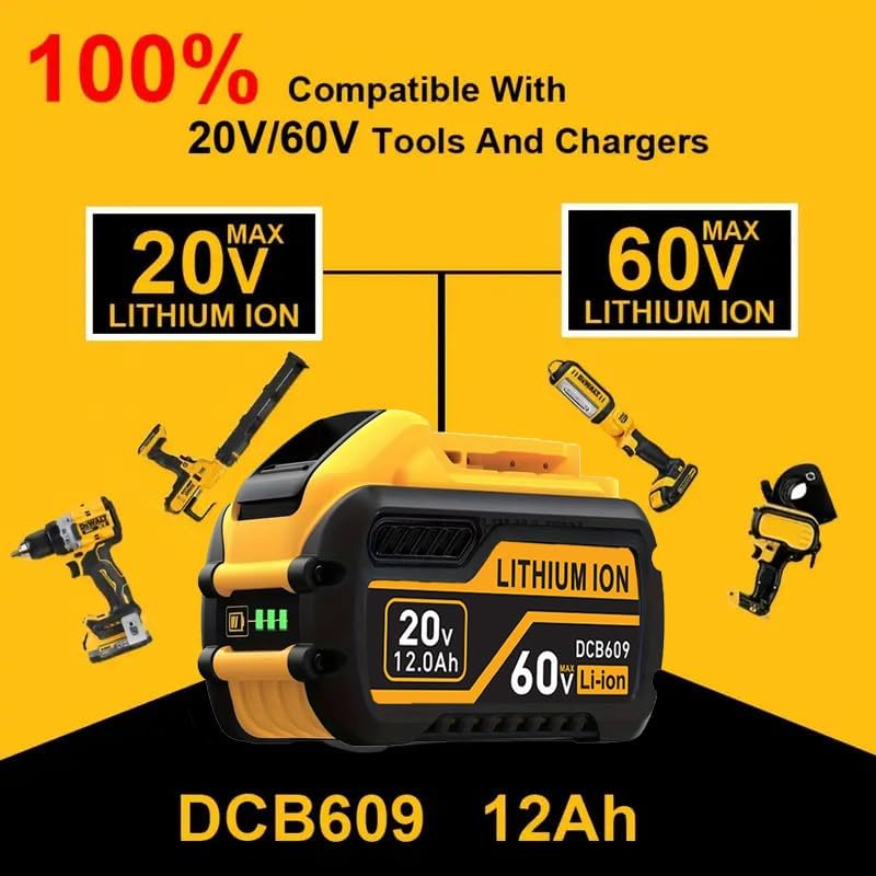 3Pack 12.0AH DCB609 60V/20V Replace for DEWALT Battery Compatible with De-Walt 20V/60V Power Tools for De-Walt 20V/60V 12.0AH Battery DCB609 DCB606 DCB612
