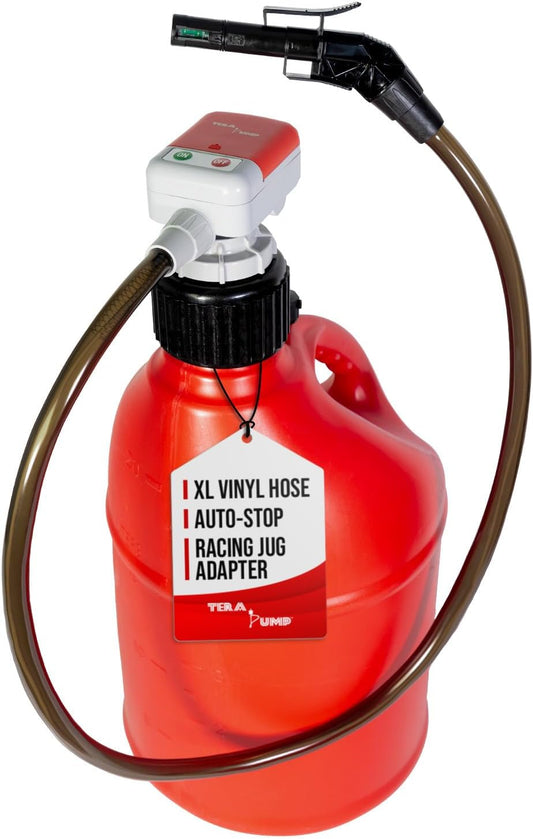 TERA PUMP TRFA01-XL 2nd Gen. Battery Powered Overfill Protection Fuel Transfer Pump w/Universal Gas Can & Utility Jug Adapter, 4.27ft Vinyl Hose, 2.5 GPM for Gas Diesel E15 E85 Fuels