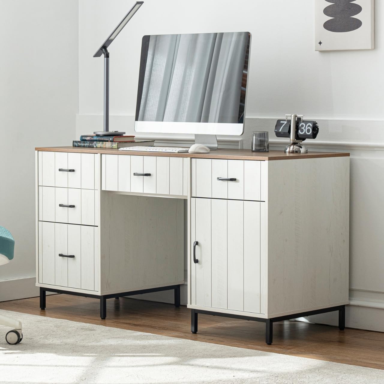 White Desk with Storage, 47 inch Farmhouse Style Desk with Drawers - 2 Drawers & File Drawer, Home Office Computer Desk with Storage Cabinet